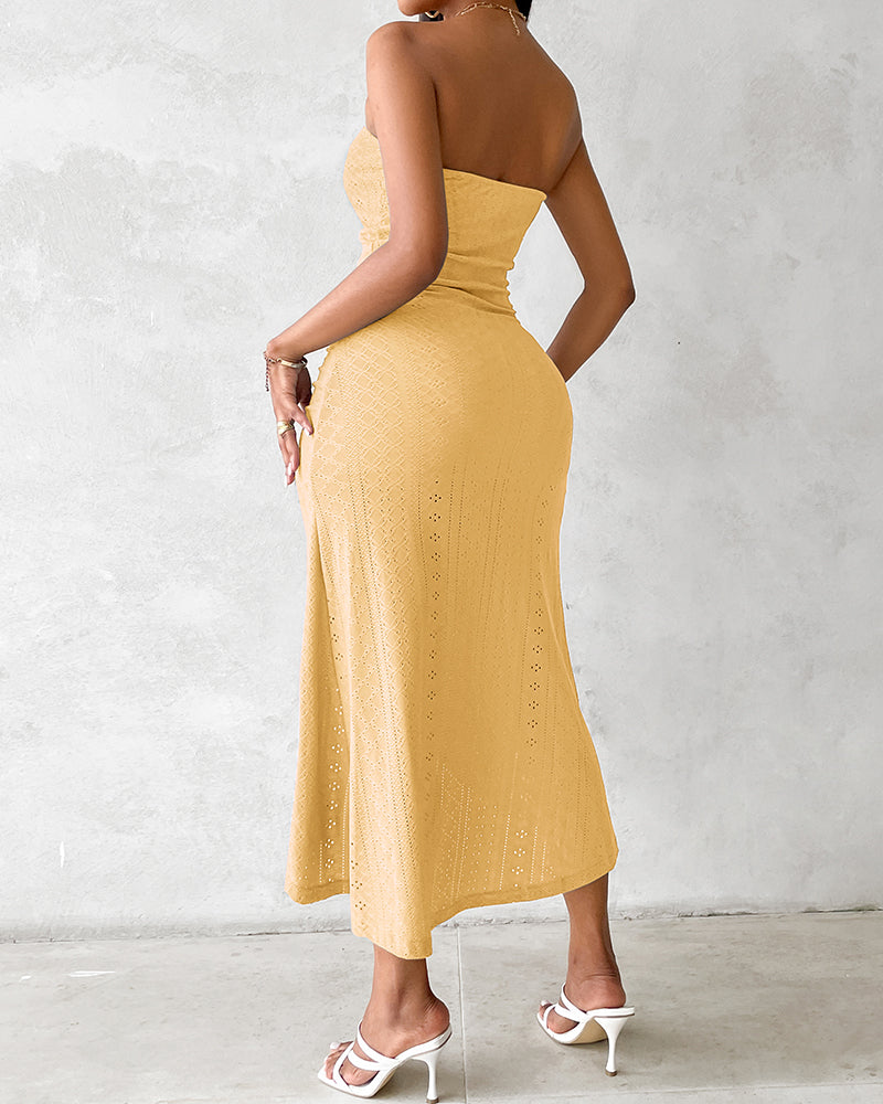 Strapless Eyelet Ruched High Split Midi Dress Summer 23