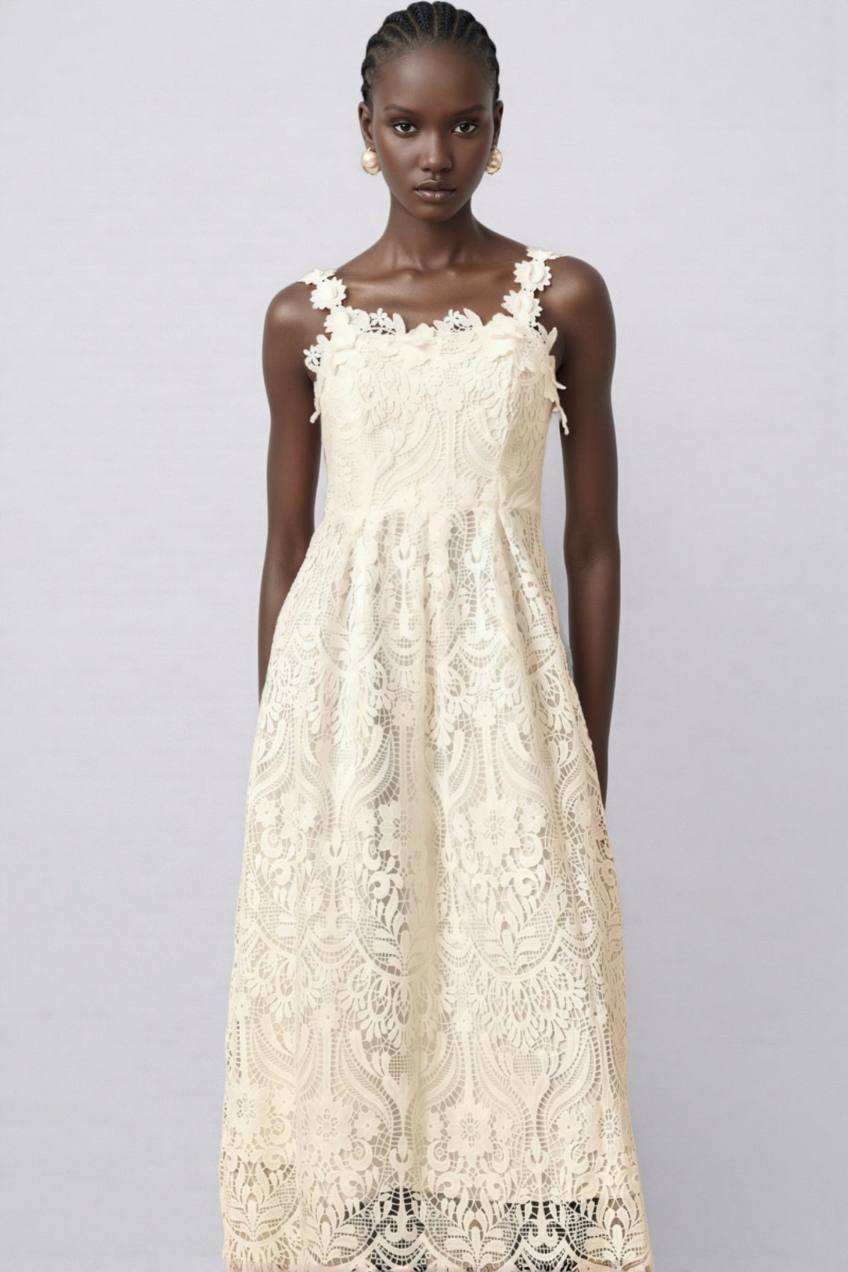 Lace Floral Applique Strap Scalloped Hem A-Line Midi Dress 4