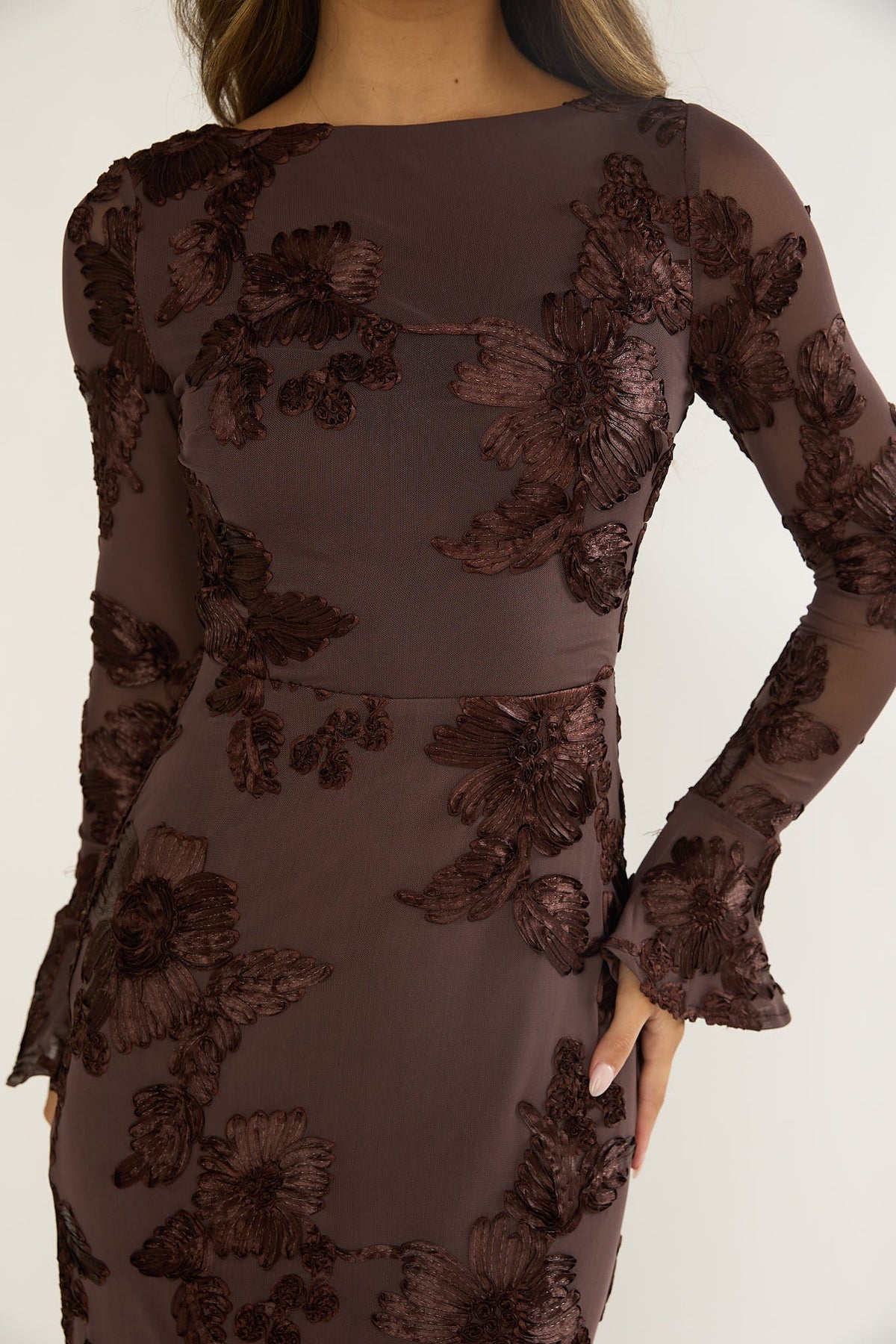 Floral Embroidered Mesh Long Sleeve Flare Cuff Maxi Dress 4