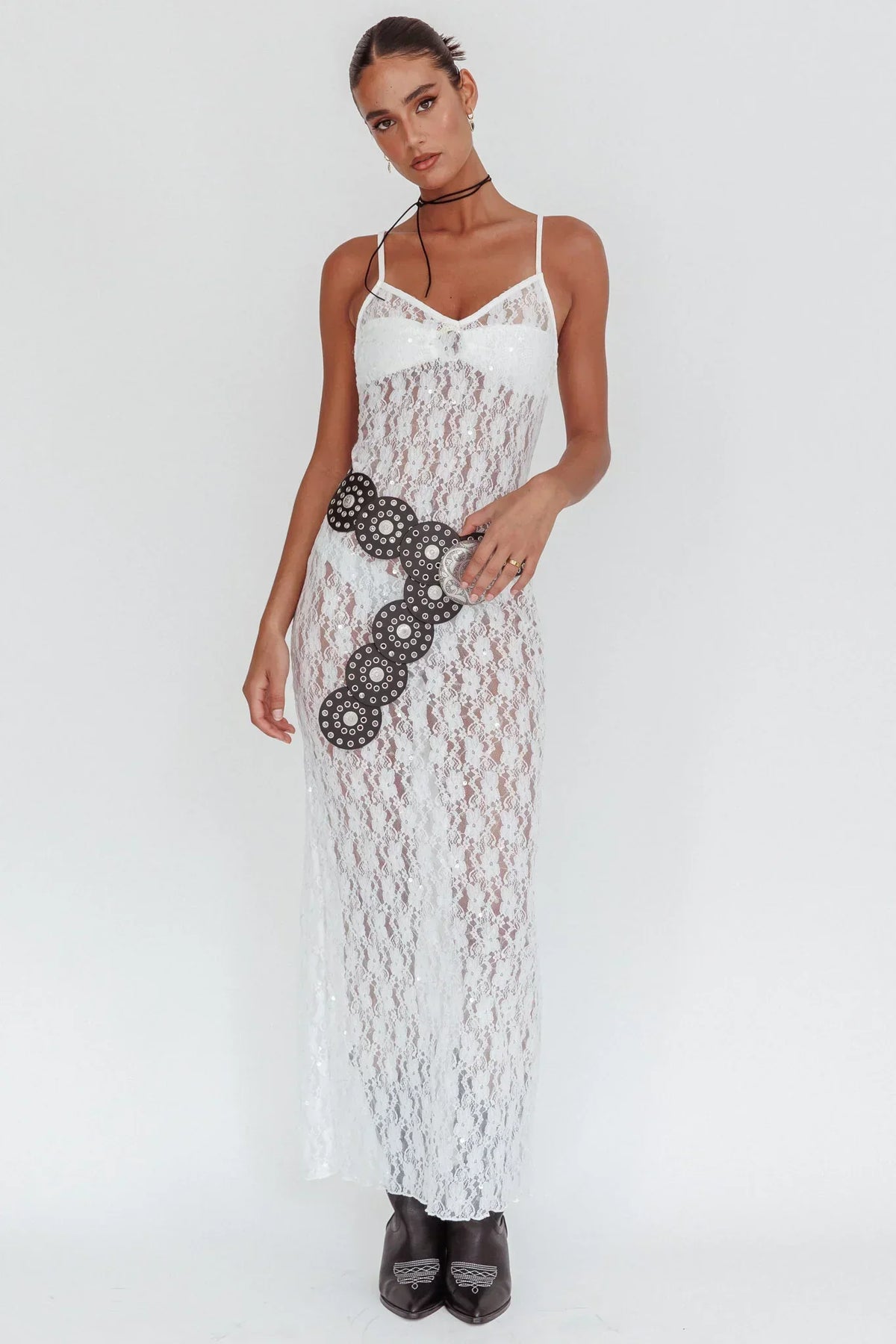 Sheer Lace Sequin V-Neck Spaghetti Strap Column Maxi Dress