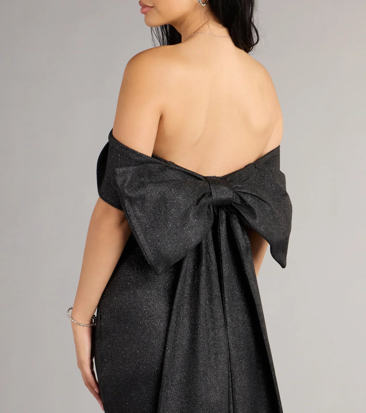 Shimmer Off Shoulder Oversized Back Bow Train Bodycon Mini Dress 3
