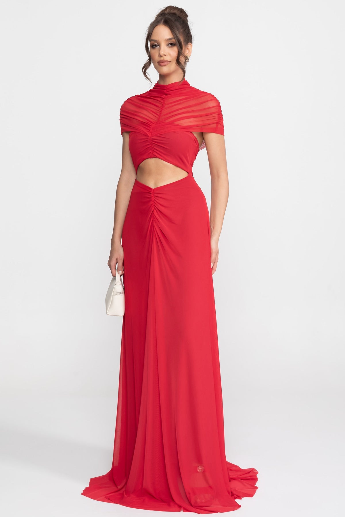 Mock Neck Ruched Mesh Cap Sleeve Cut Out Waist Maxi Dress 2