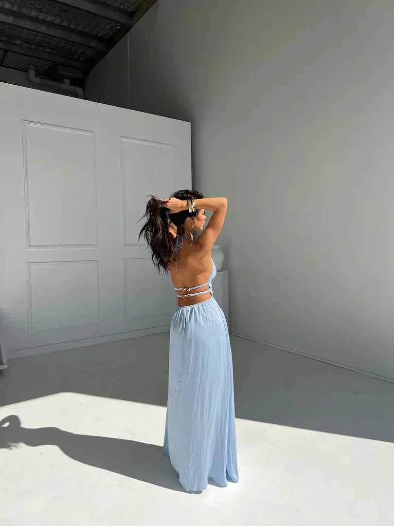 Satin Halter High Neck Ladder Cut Out Open Back Flowy Maxi Dress 2
