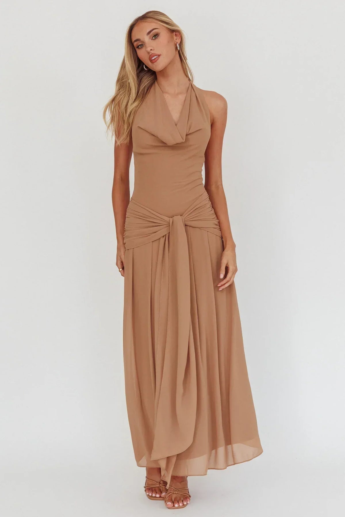 Chiffon Cowl Neck Halter Tie Front Drop Waist Maxi Dress