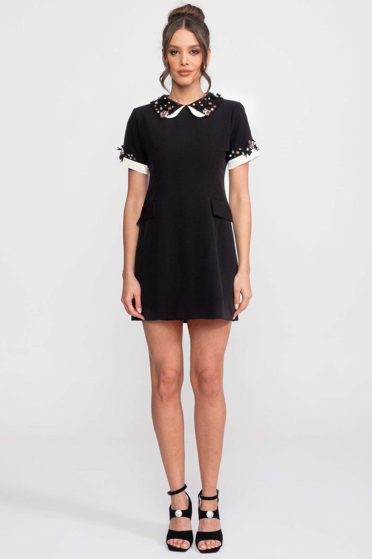 Beaded Peter Pan Collar Contrast Cuff Faux Pocket Mini Dress
