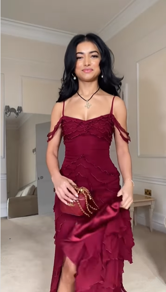Burgundy Off Shoulder Straps Multi-layered Ruffles Long Prom Dress Chiffon Evening Dress cc1433