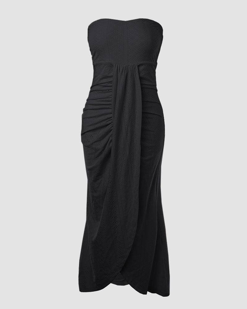 Strapless Eyelet Ruched High Split Midi Dress Summer 19