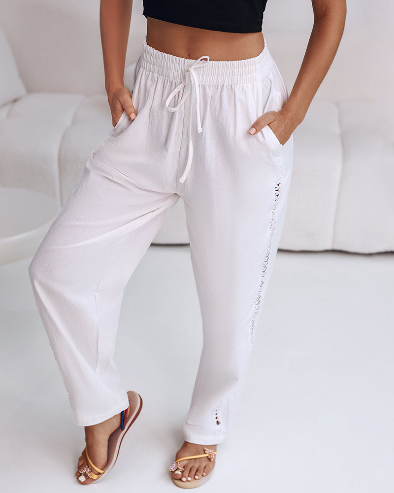 Natural Casual Pants With Hollow Out Spliced Details Drawstring Elastic Waist Pocket Cotton