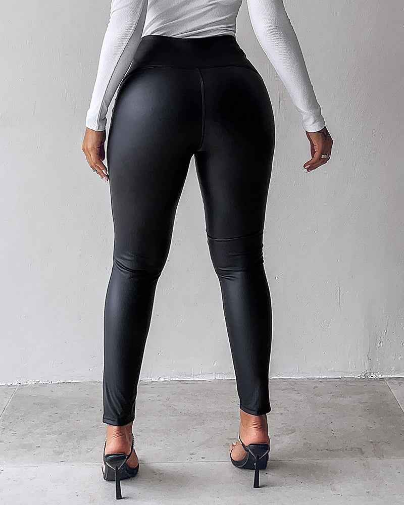Black Leggings High Waist Fleece Lined Polyurethane Leather For All Day Comfort And Warmth