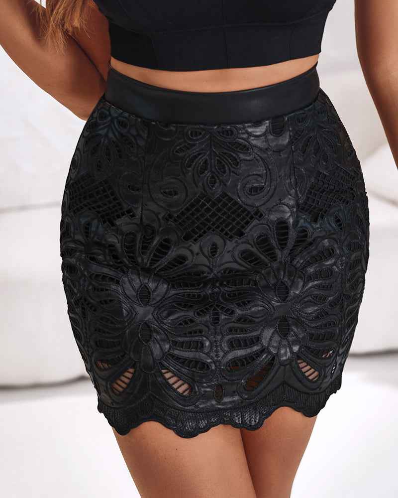 Black Skirt HollowOut Pattern With Zipper Back Detailing And Textured PU Leather