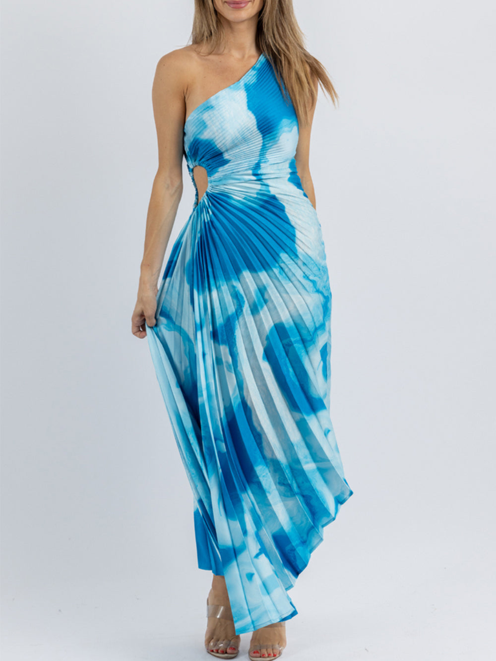 Tie Dye One Shoulder Pleated Cut Out Maxi Dress