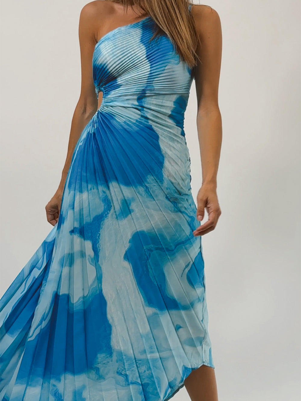 Tie Dye One Shoulder Pleated Cut Out Maxi Dress