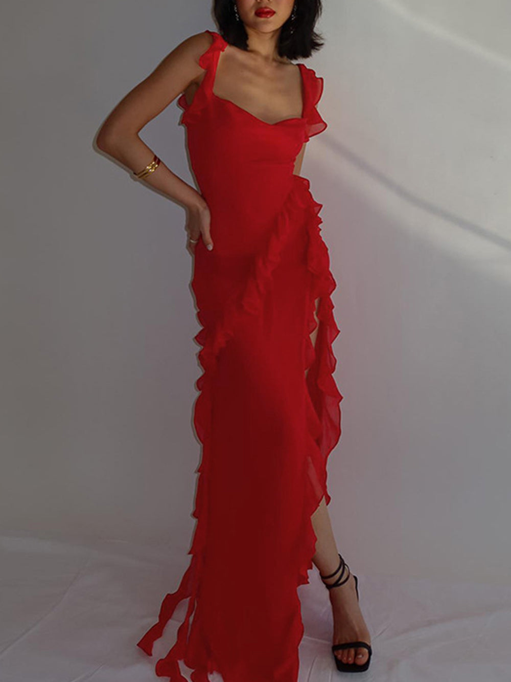 Chiffon Square Neck Ruffle High Split Maxi Dress