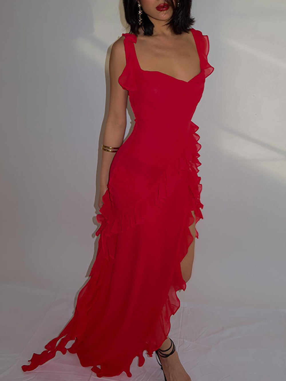 Chiffon Square Neck Ruffle High Split Maxi Dress