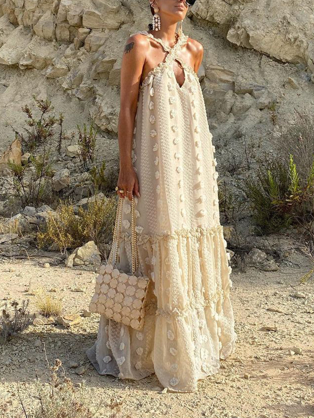 Halter Neck Floral Applique Mesh Tiered Ruffle Maxi Dress