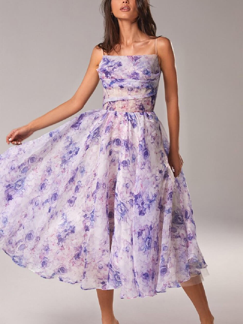 Floral Organza Square Neck Fit and Flare Midi Dress 2