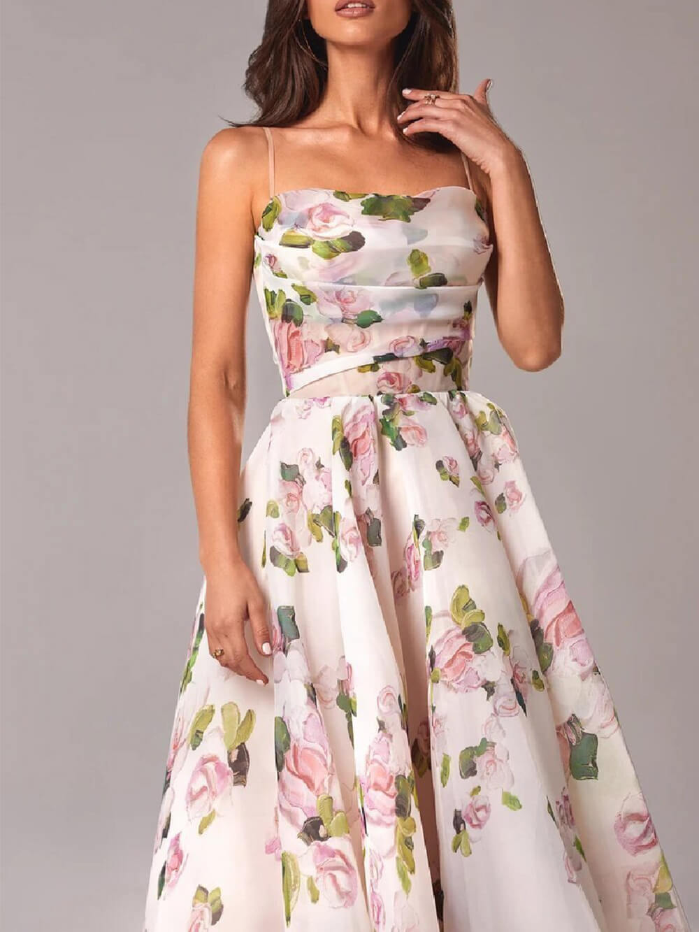 Floral Organza Square Neck Fit and Flare Midi Dress 4