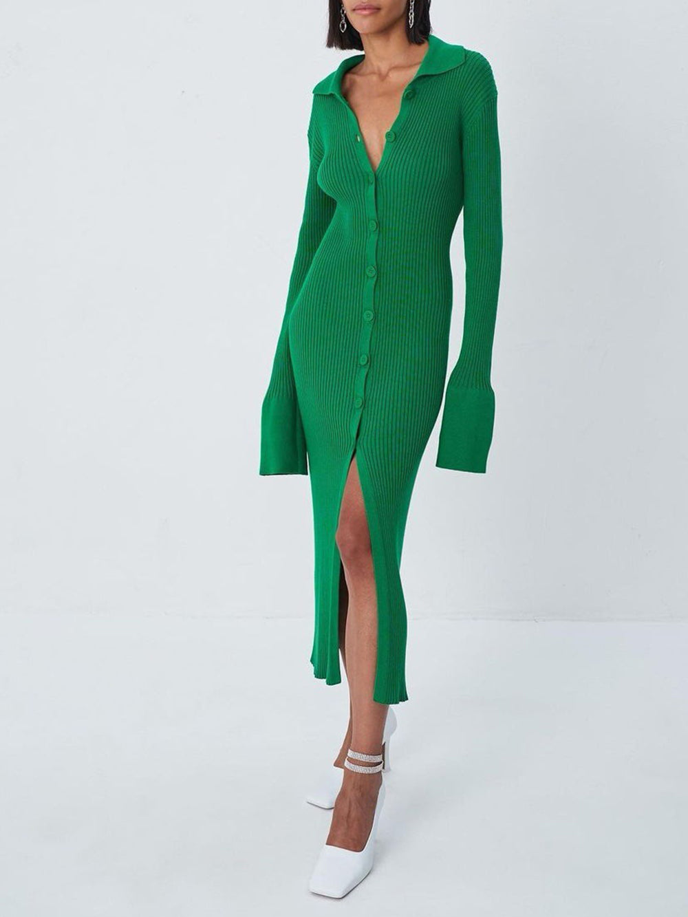 V Neck Long Bell Sleeve Sweater Maxi Dress