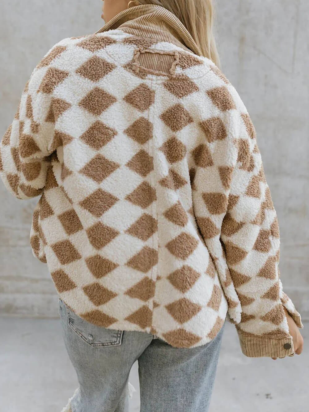 Checkerboard Sherpa Fleece Zip Front Jacket