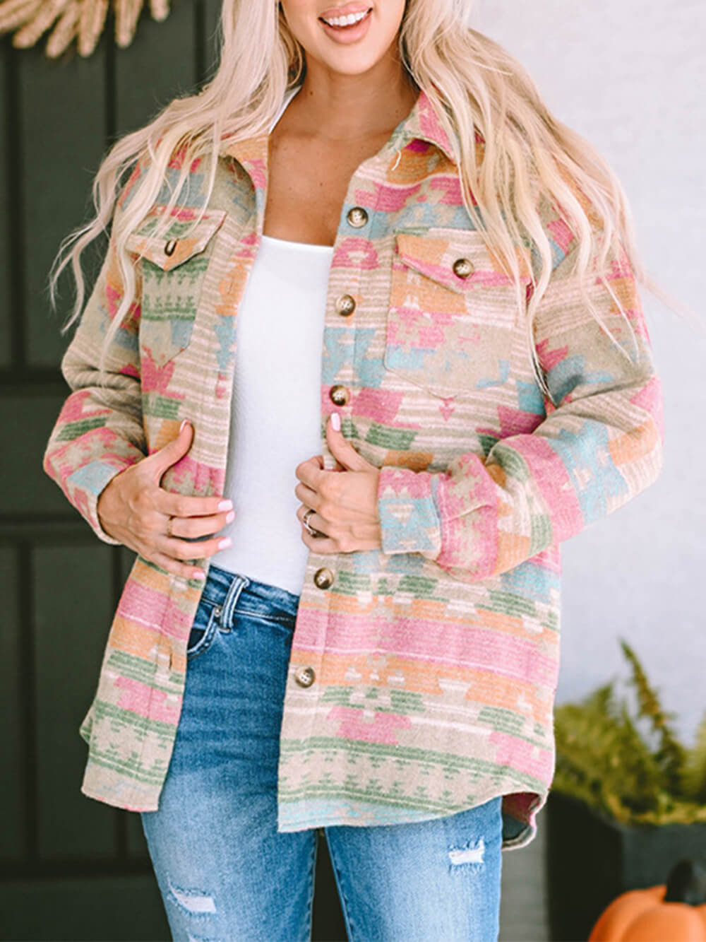 Aztec Print Button Front Shirt Jacket Shacket