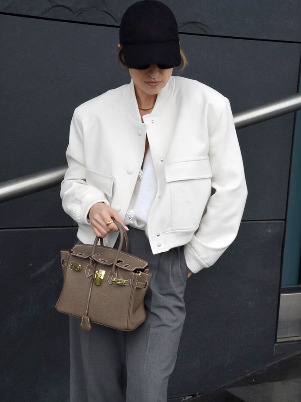 Snap Button Front Ribbed Trim Cropped Bomber Jacket