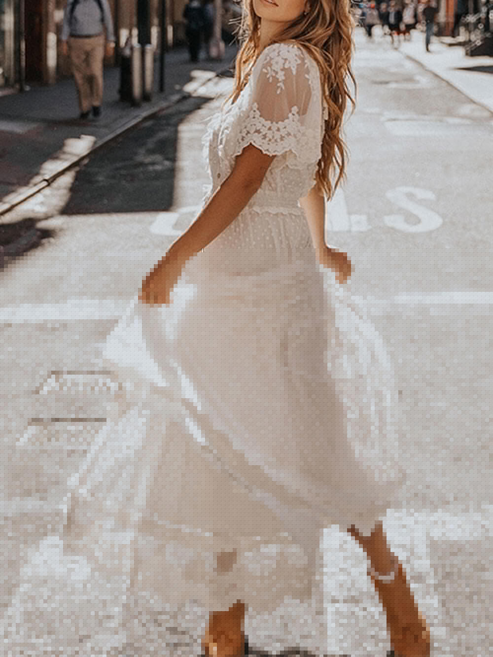 V Neck Short Sleeve Lace Maxi Dress
