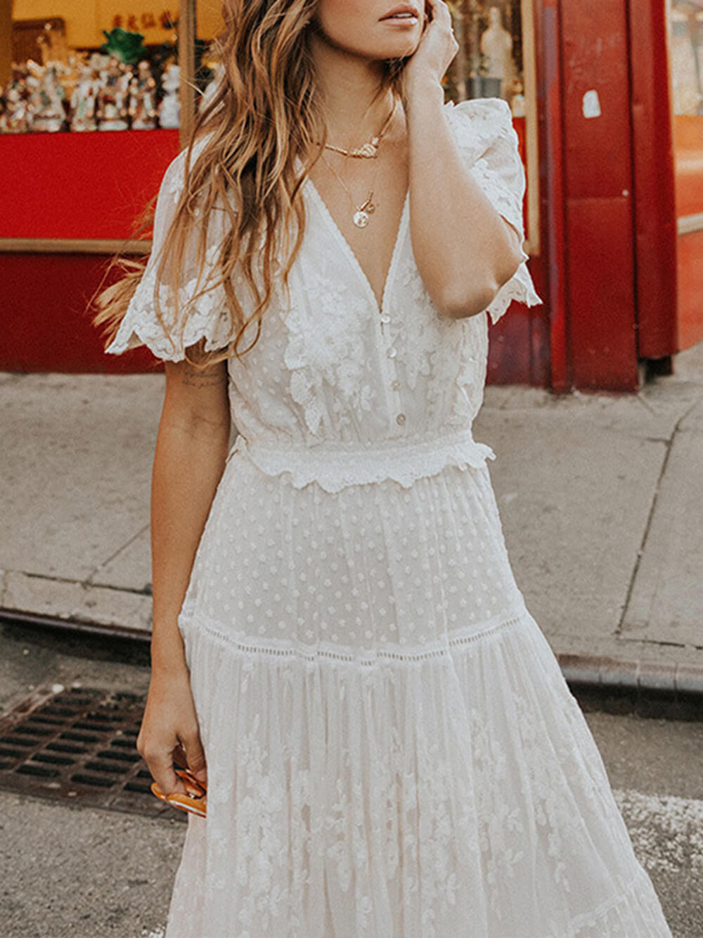 Statement Soraya Lacey Midi Dress with V Neck and Short Sleeves Occasion Edit