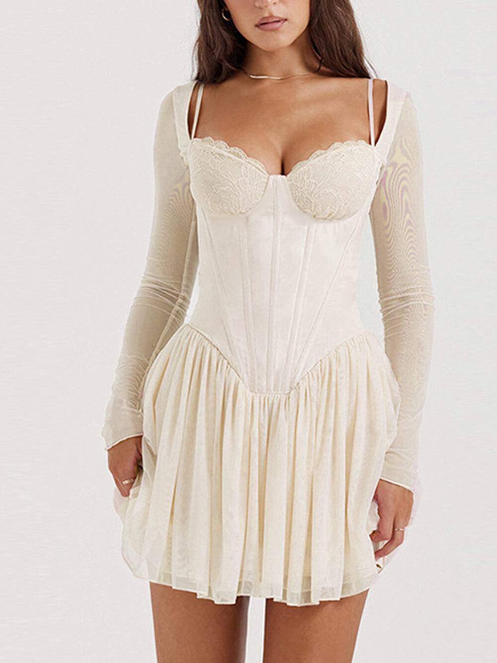 Lace Cup Corset Bodice Sheer Mesh Long Sleeve Pleated Mini Dress 4