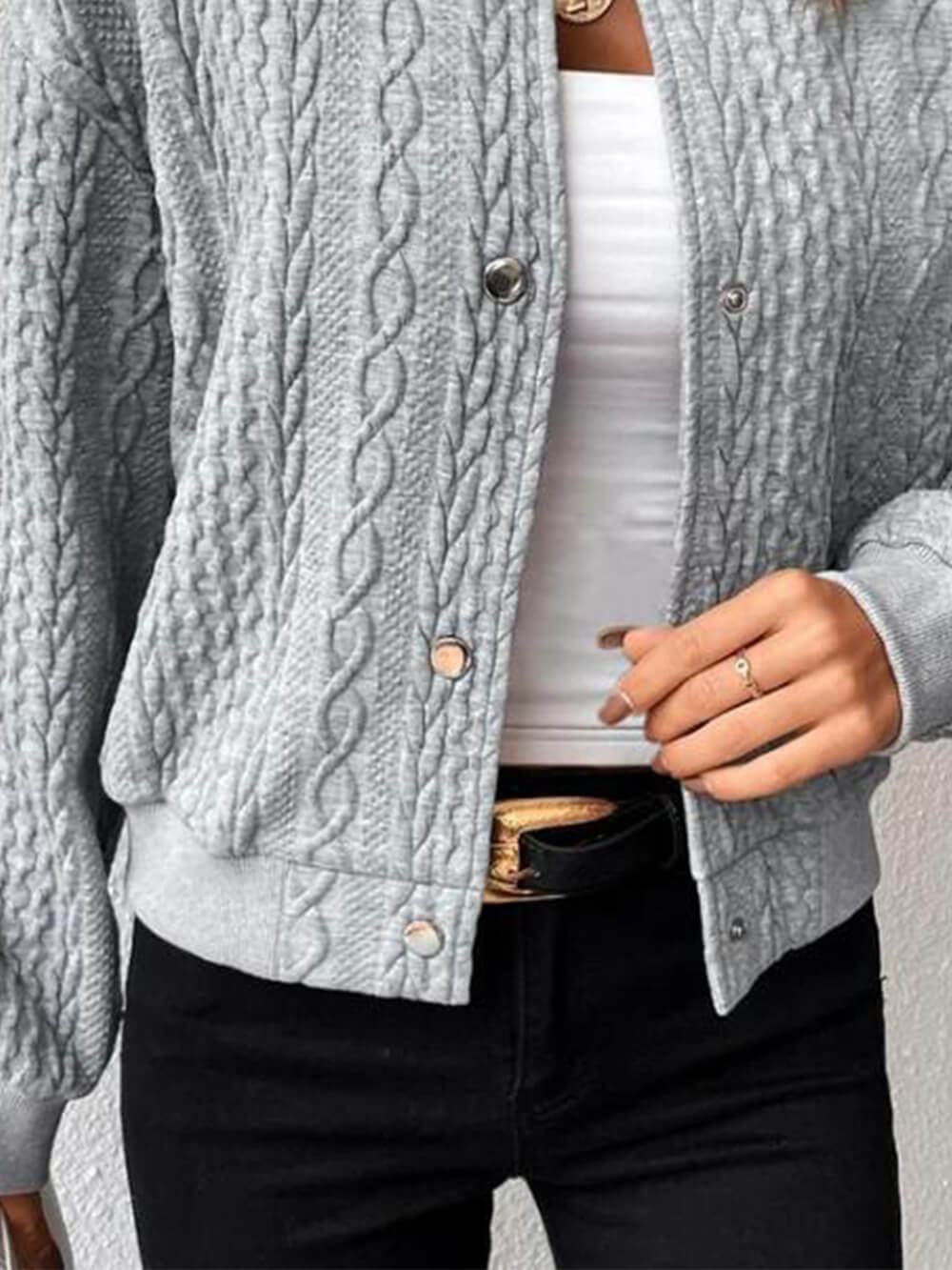 Cable Knit Texture Button Front Bomber Jacket 3