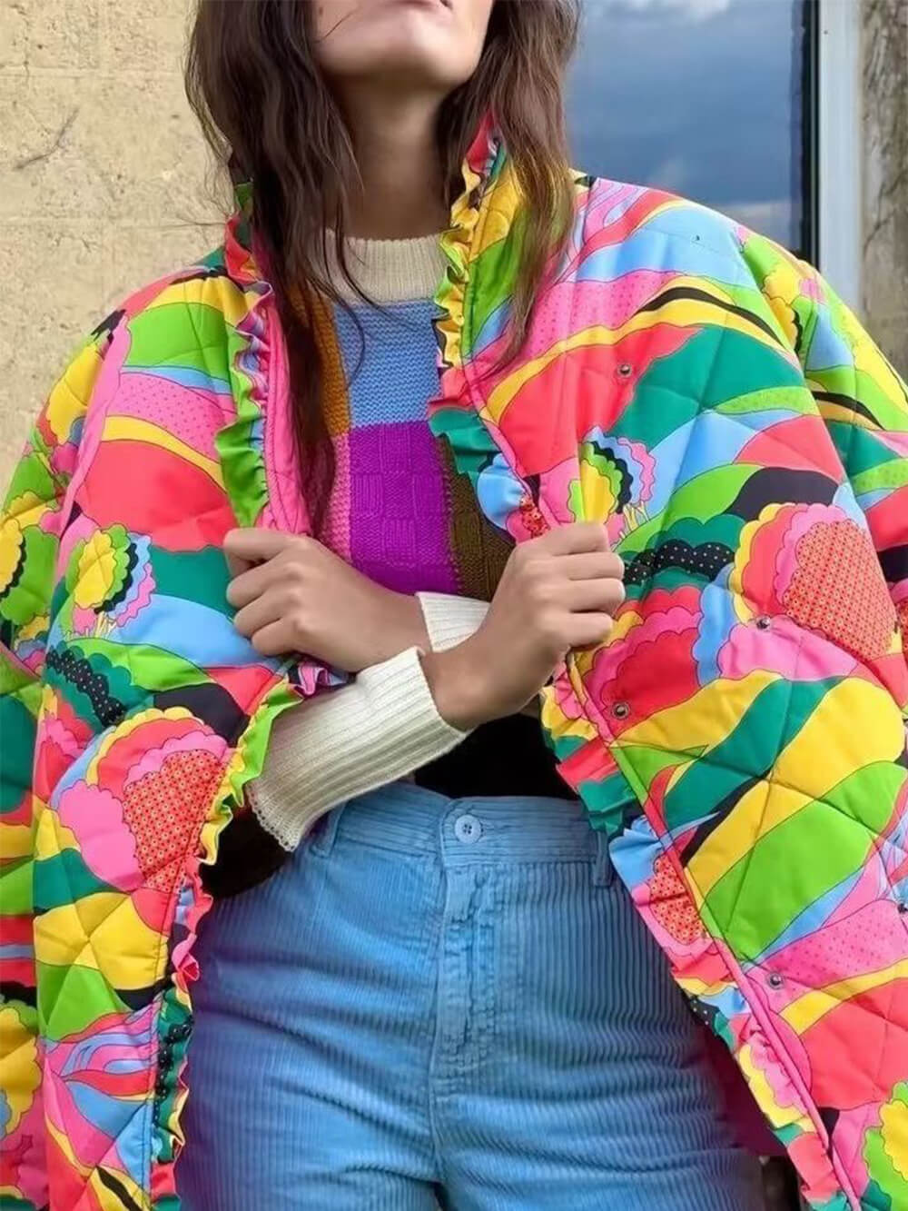 Abstract Print Ruffle Trim Stand Collar Quilted Jacket