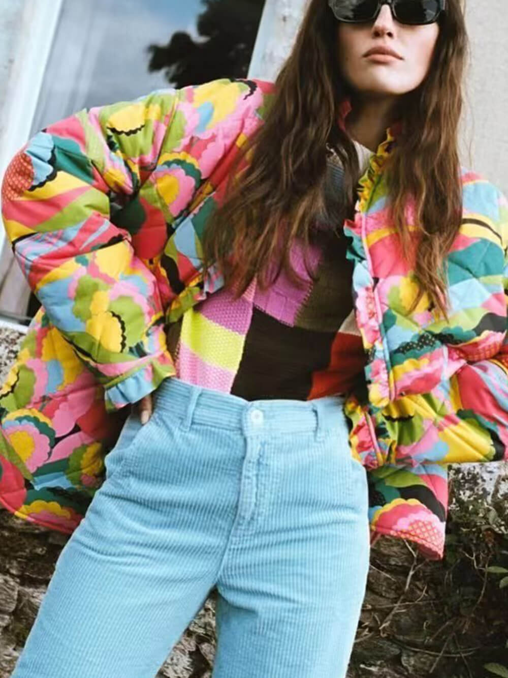 Abstract Print Ruffle Trim Stand Collar Quilted Jacket