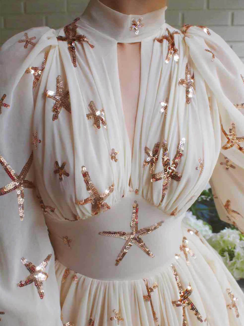 Sequin Starfish Chiffon High Neck Keyhole Lantern Sleeve High Split Gown 4
