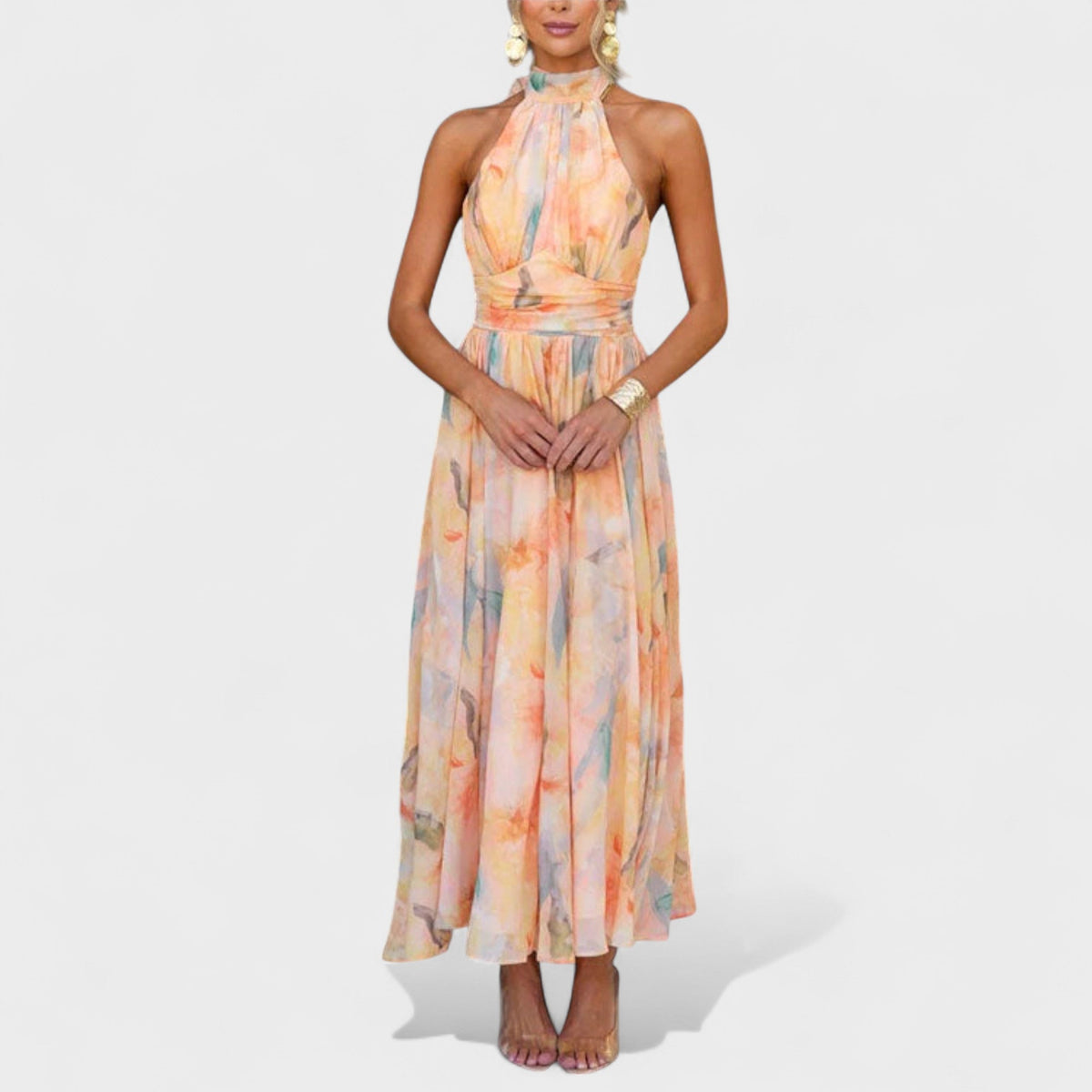 Abstract Print Halter Neck Cross Waist Maxi Dress
