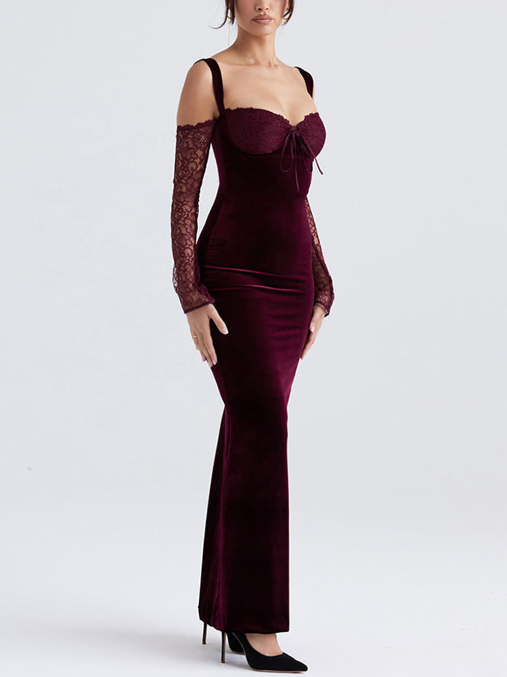 Velvet Lace Bustier Tie Front Detached Lace Sleeve Bodycon Maxi Dress 3