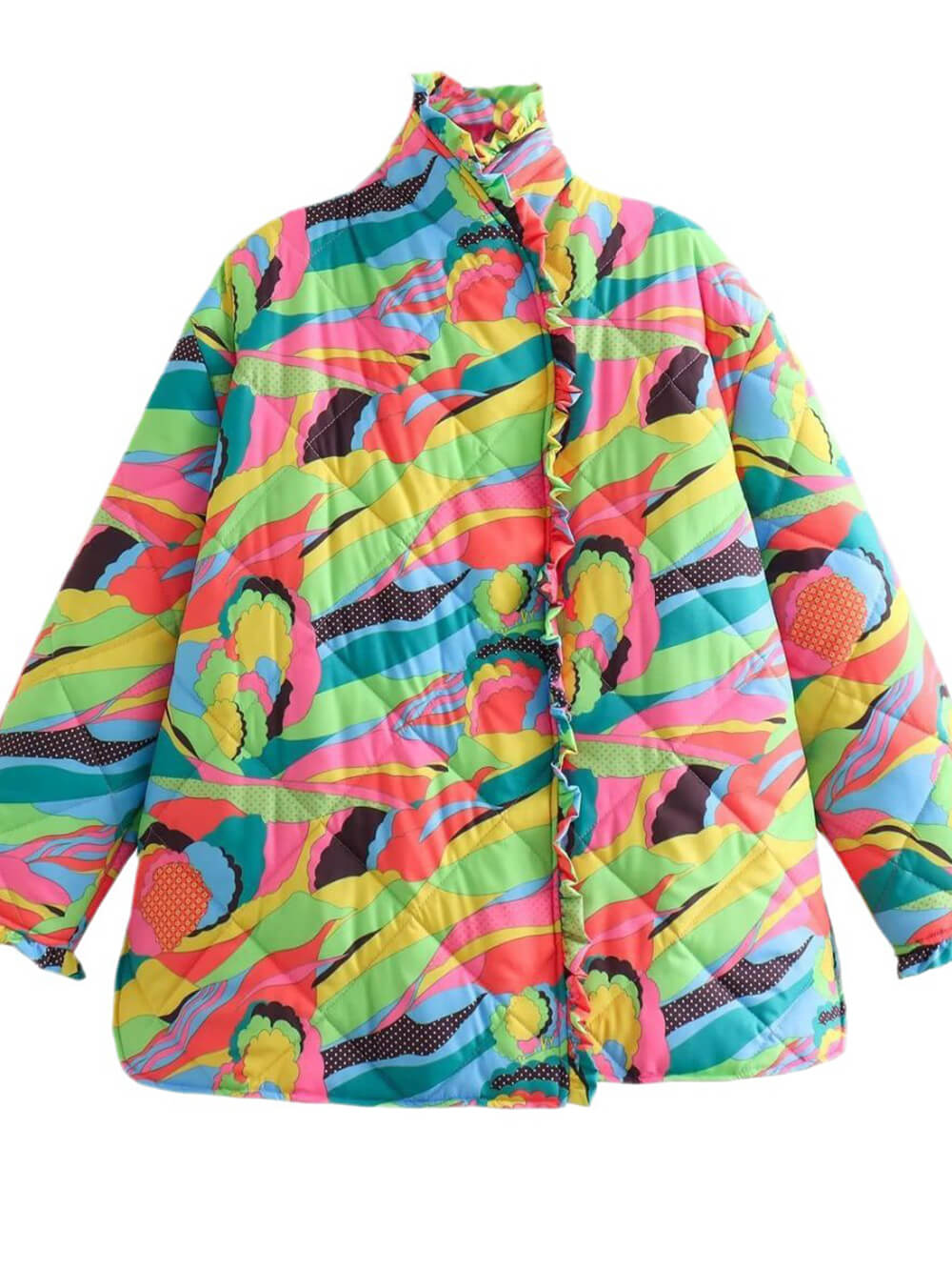 Abstract Print Ruffle Trim Stand Collar Quilted Jacket