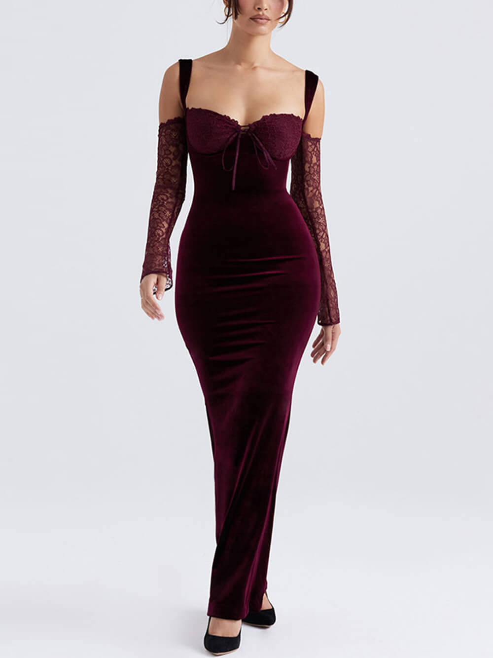 Velvet Lace Bustier Tie Front Detached Lace Sleeve Bodycon Maxi Dress