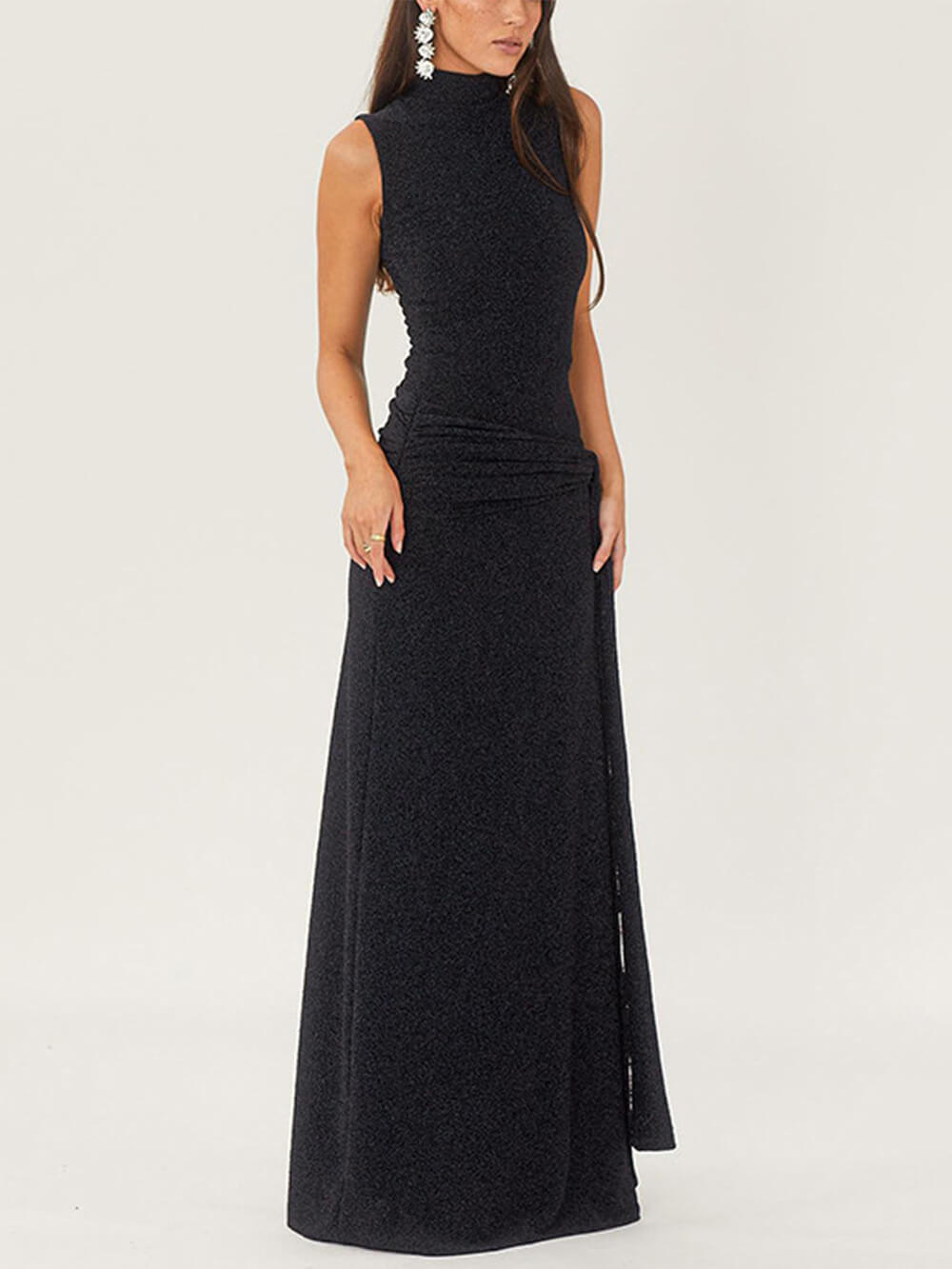Glitter High Neck Sleeveless Side Tie Sash Wrap Maxi Gown