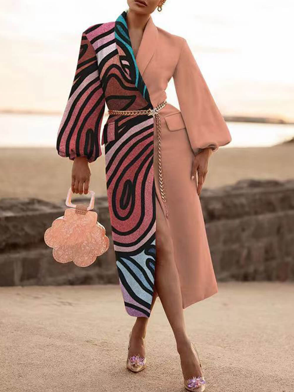 Swirl Print Lapel Collar Belted Longline Coat