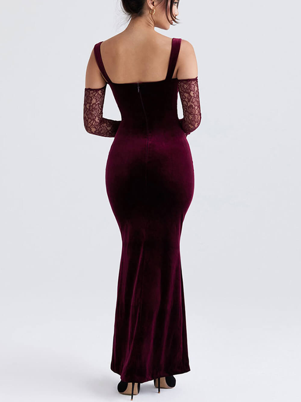Velvet Lace Bustier Tie Front Detached Lace Sleeve Bodycon Maxi Dress 2