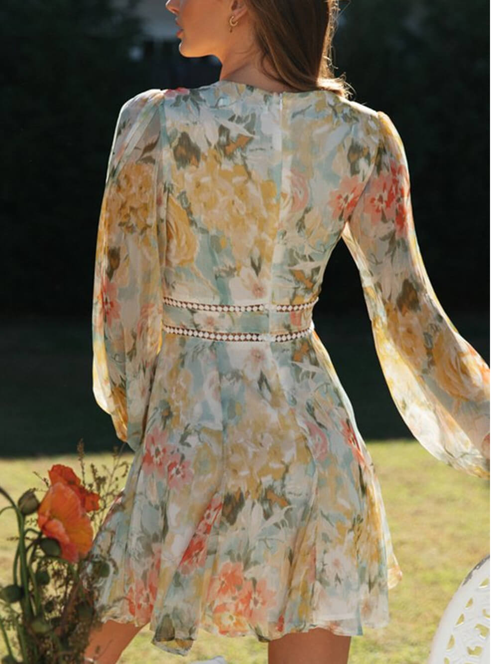 Floral Deep V-Neck Balloon Sleeve Lace Trim Chiffon Mini Dress 2