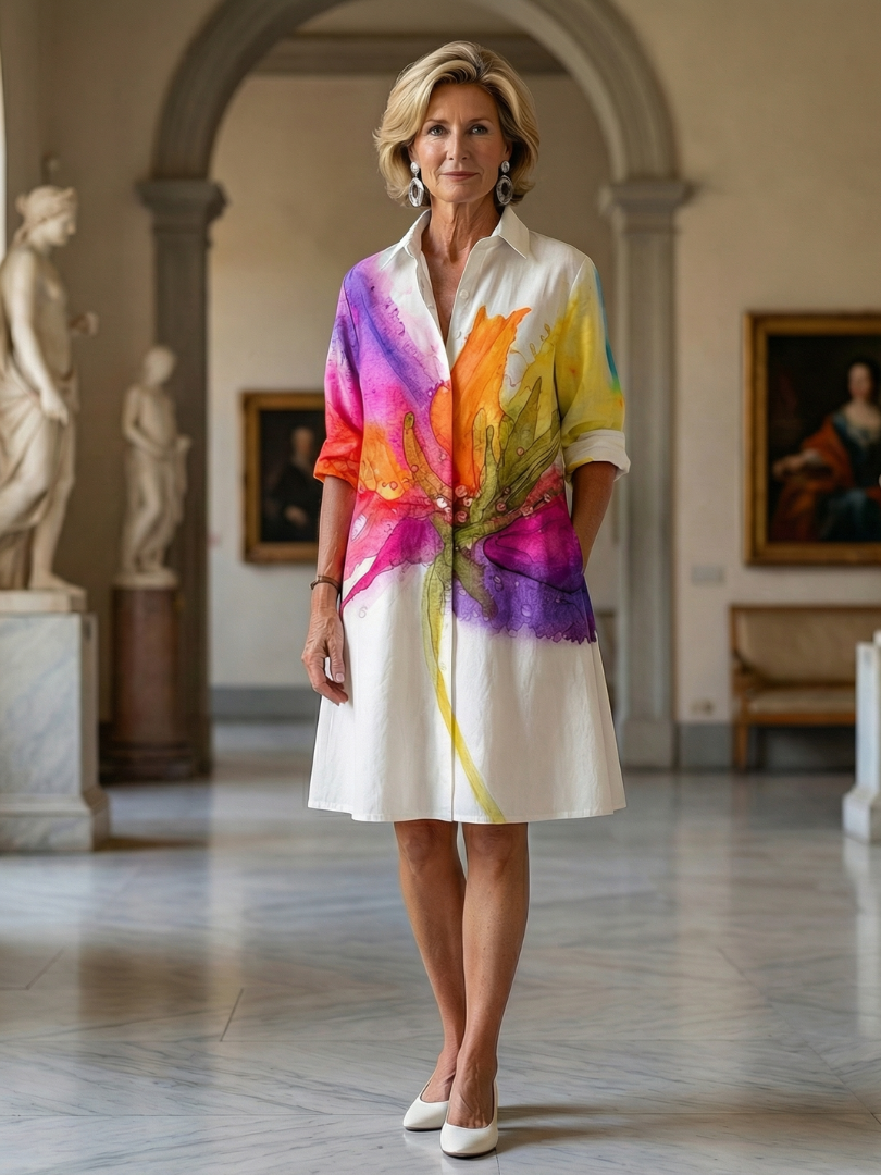 Watercolor Floral Collared Long Sleeve Shirt Dress