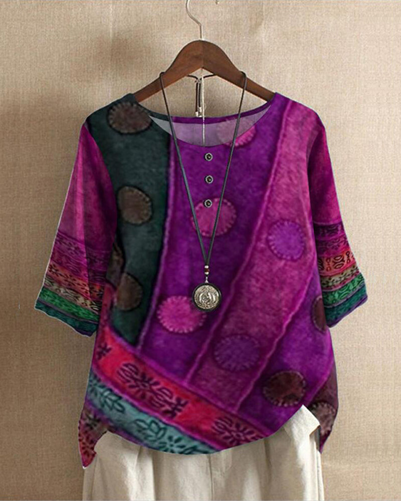 Patchwork Print Round Neck Half Sleeve Tunic Top
