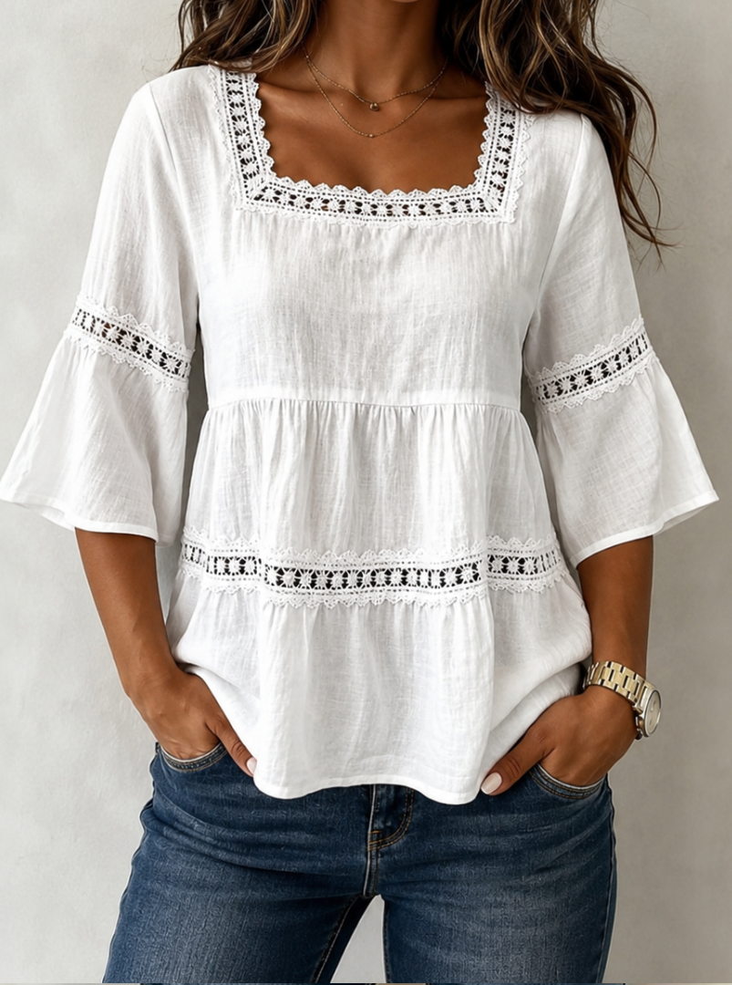 Crochet Lace Trim Square Neck Flare Sleeve Tiered Top