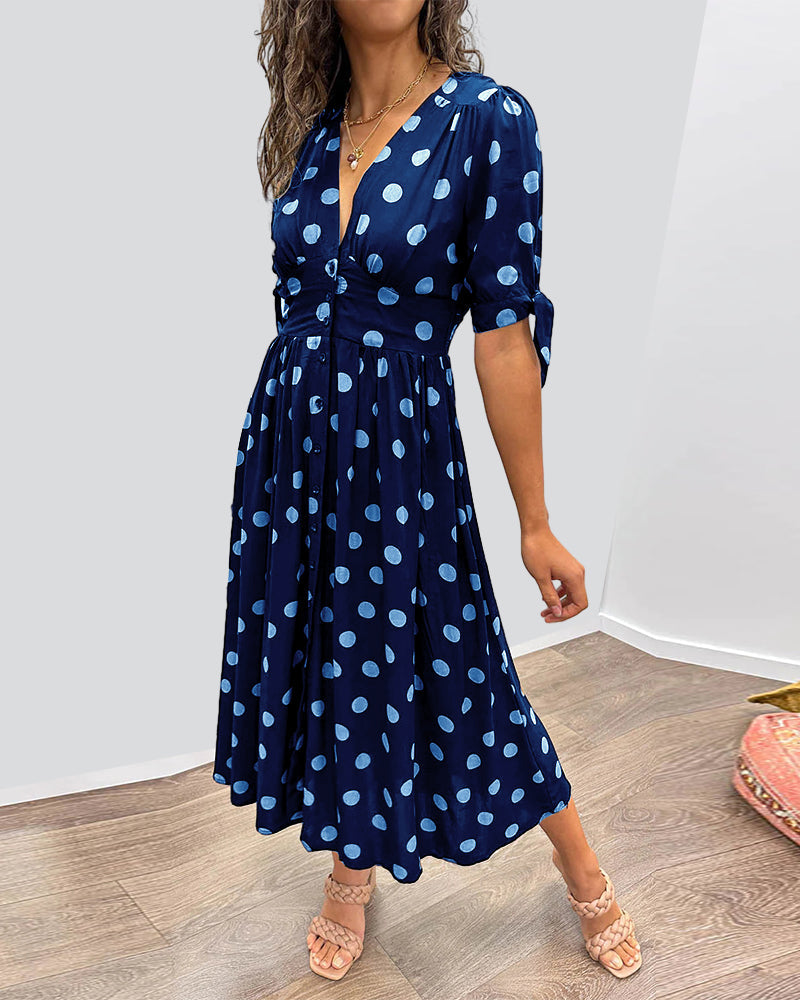 Polka Dot Deep V-Neck Button Front Puff Sleeve Tie Cuff Midi Dress