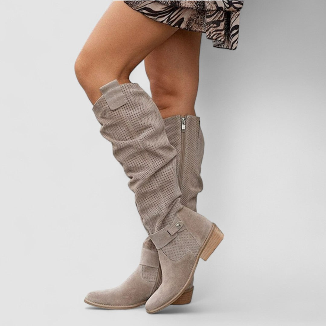Perforated Suede Slouch Flat Knee High Boots