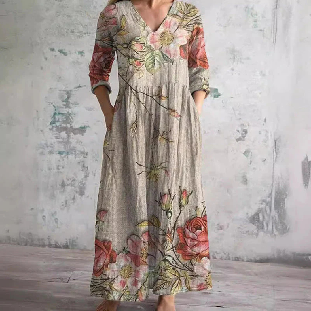 Vintage Floral V-Neck Long Sleeve Tiered Maxi Dress