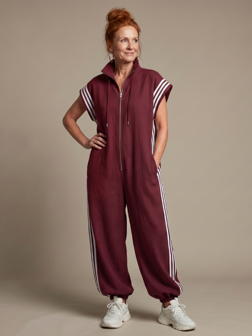 Zip Front Side Stripe Sleeveless Jogger Jumpsuit