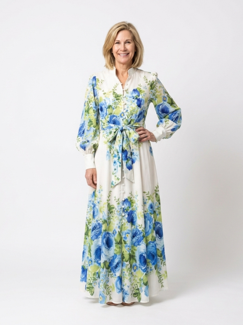 Floral Band Collar Long Sleeve Button Front Belted Maxi Dress