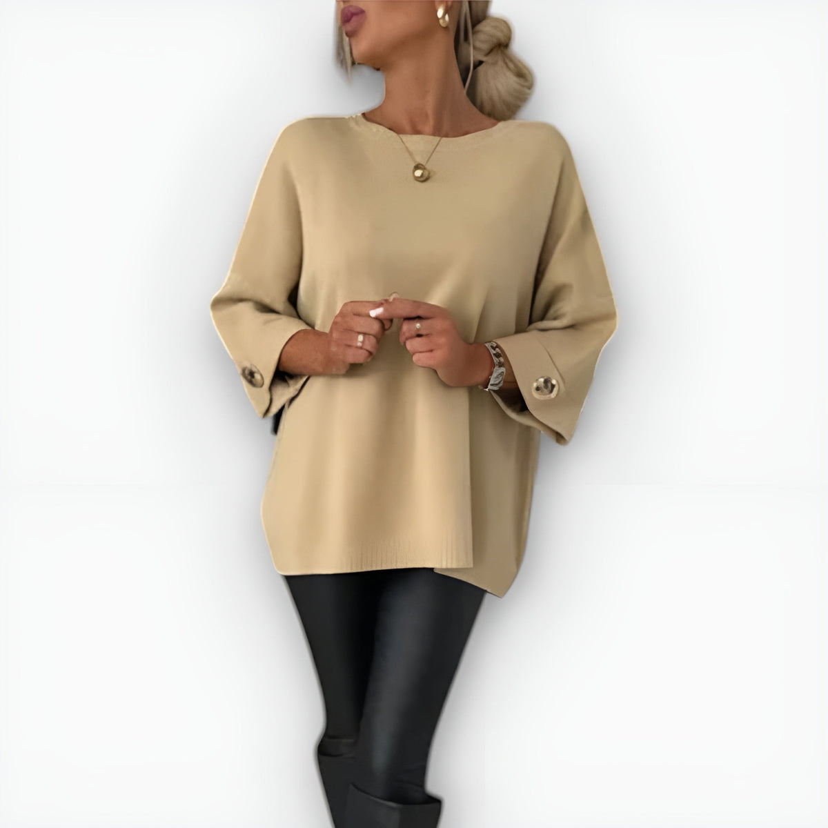 Crew Neck Long Sleeve Button Cuff Side Slit Sweater