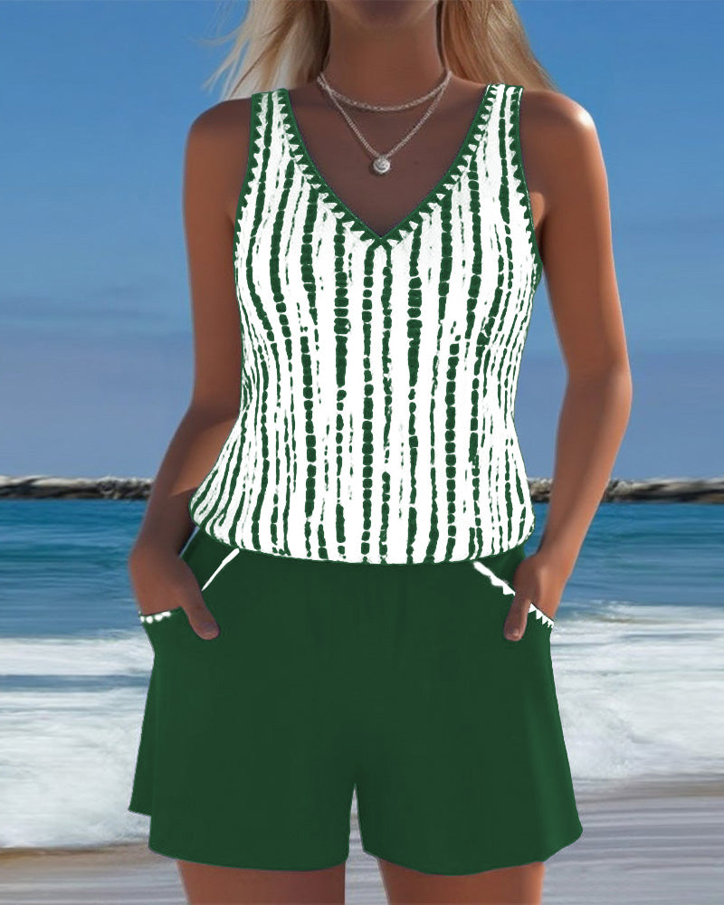 Striped V-Neck Sleeveless Pocket Playsuit